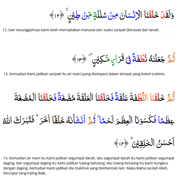 Isi Kandungan dan Perilaku Yang Tercermin Q.S Al Mu'minun Ayat 12 - 14