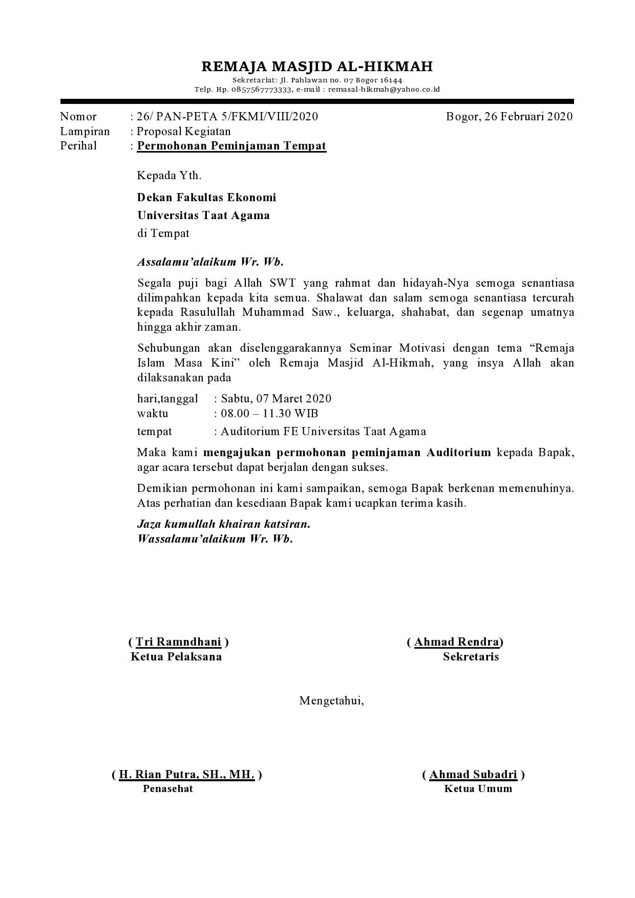 Contoh Proposal Peminjaman Tempat Sketsa